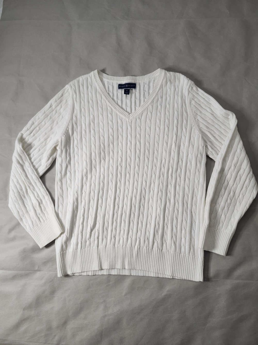 Karen Scott Classic White Cable V-Neck Sweater